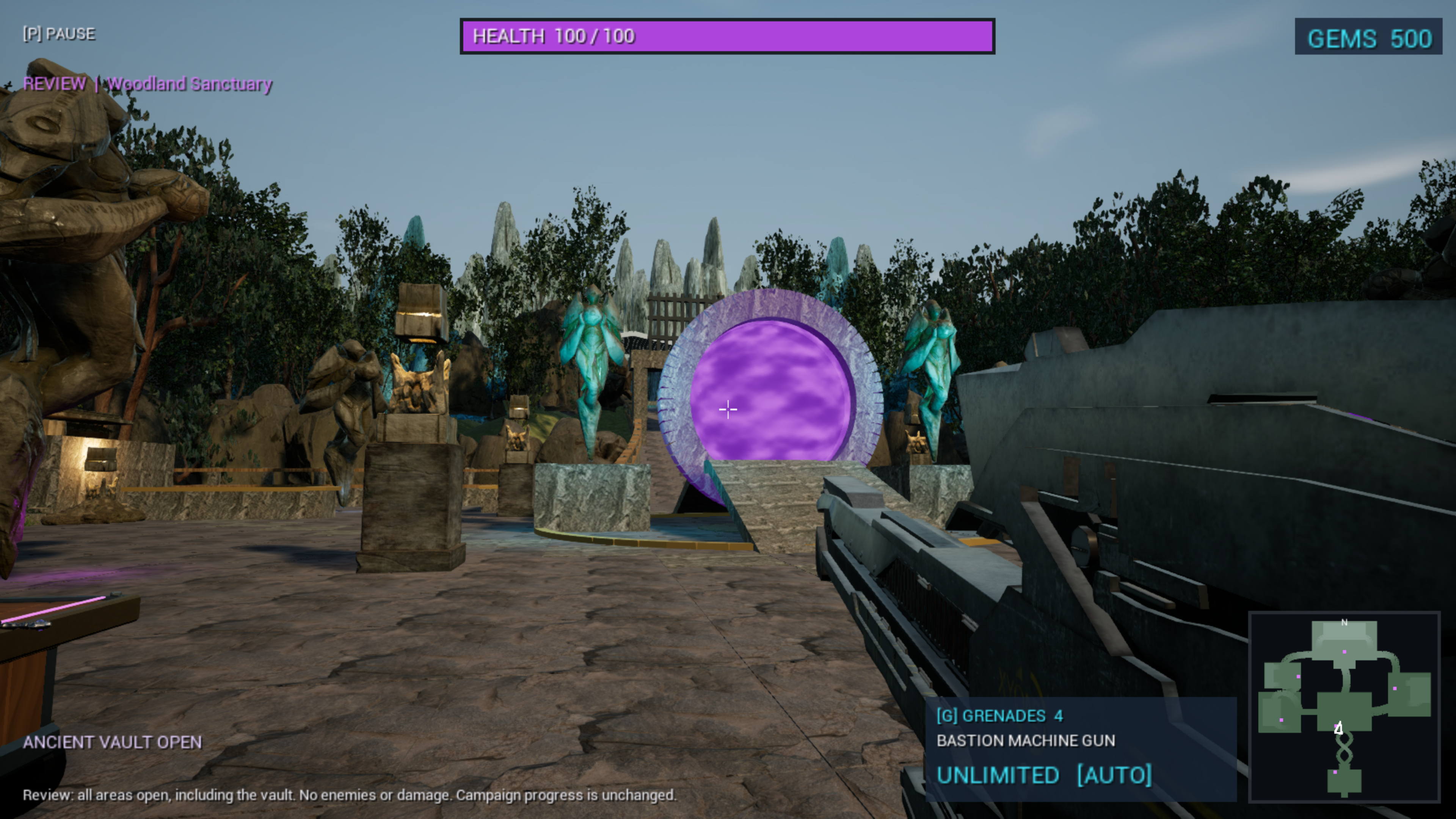 Development screenshot of Amethyst Dominion showing a glowing purple portal in a wooded stone courtyard from a first-person viewpoint.