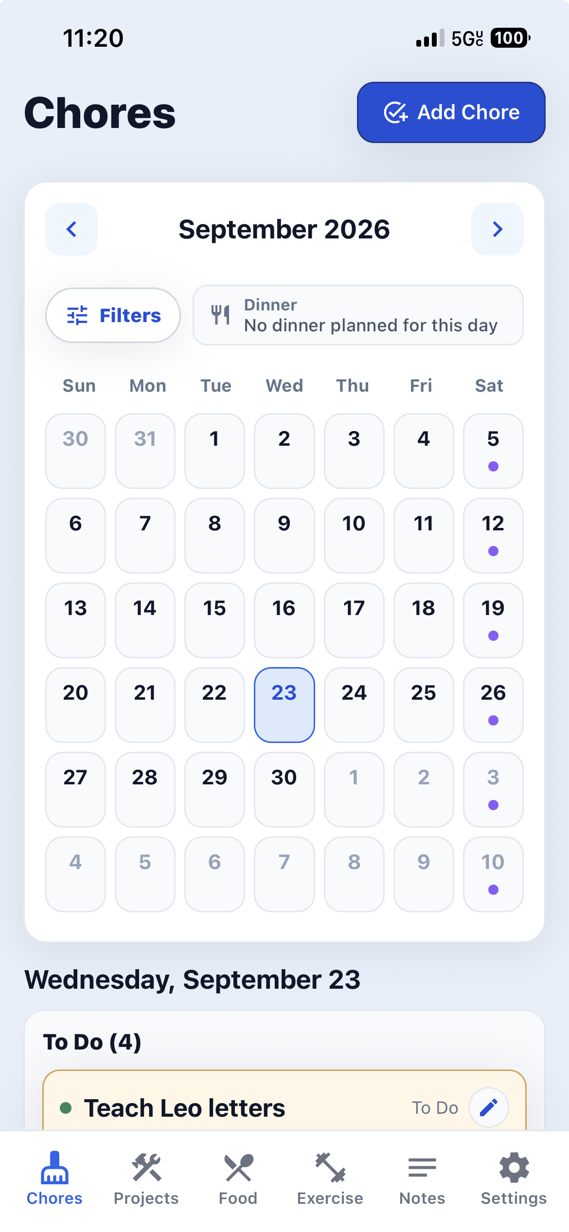 Home Organizer iOS app showing the Chores screen and September 2026 calendar.