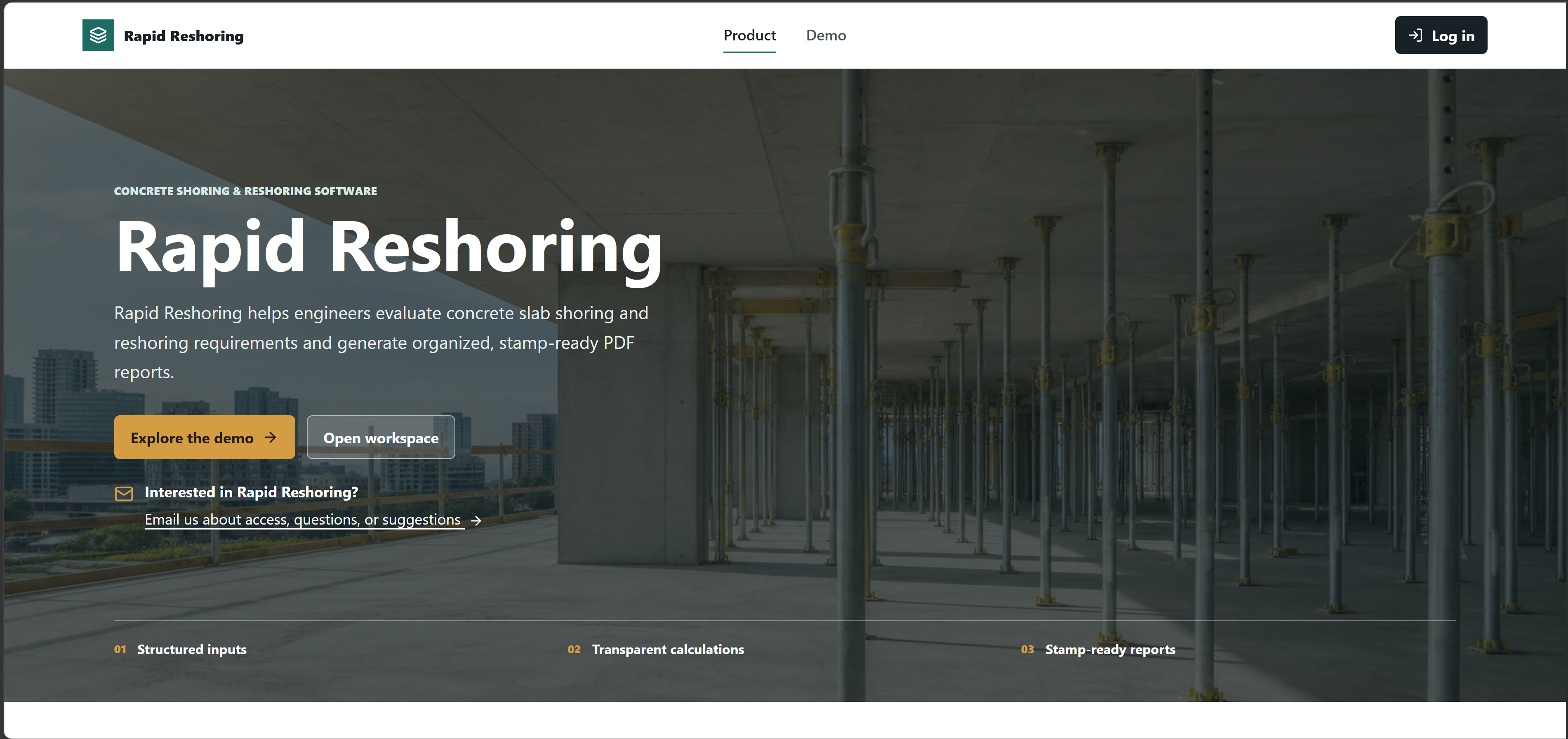Rapid Reshoring product website showing concrete slab shoring, the engineering software introduction, and demo and workspace options.