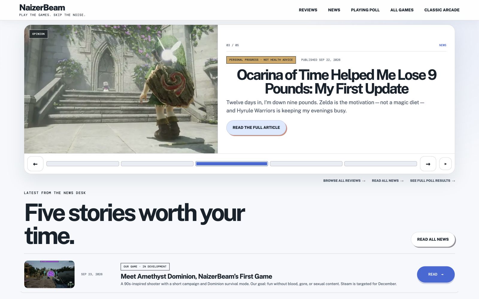 NaizerBeam homepage showing its navigation and a featured story about Zelda: Ocarina of Time