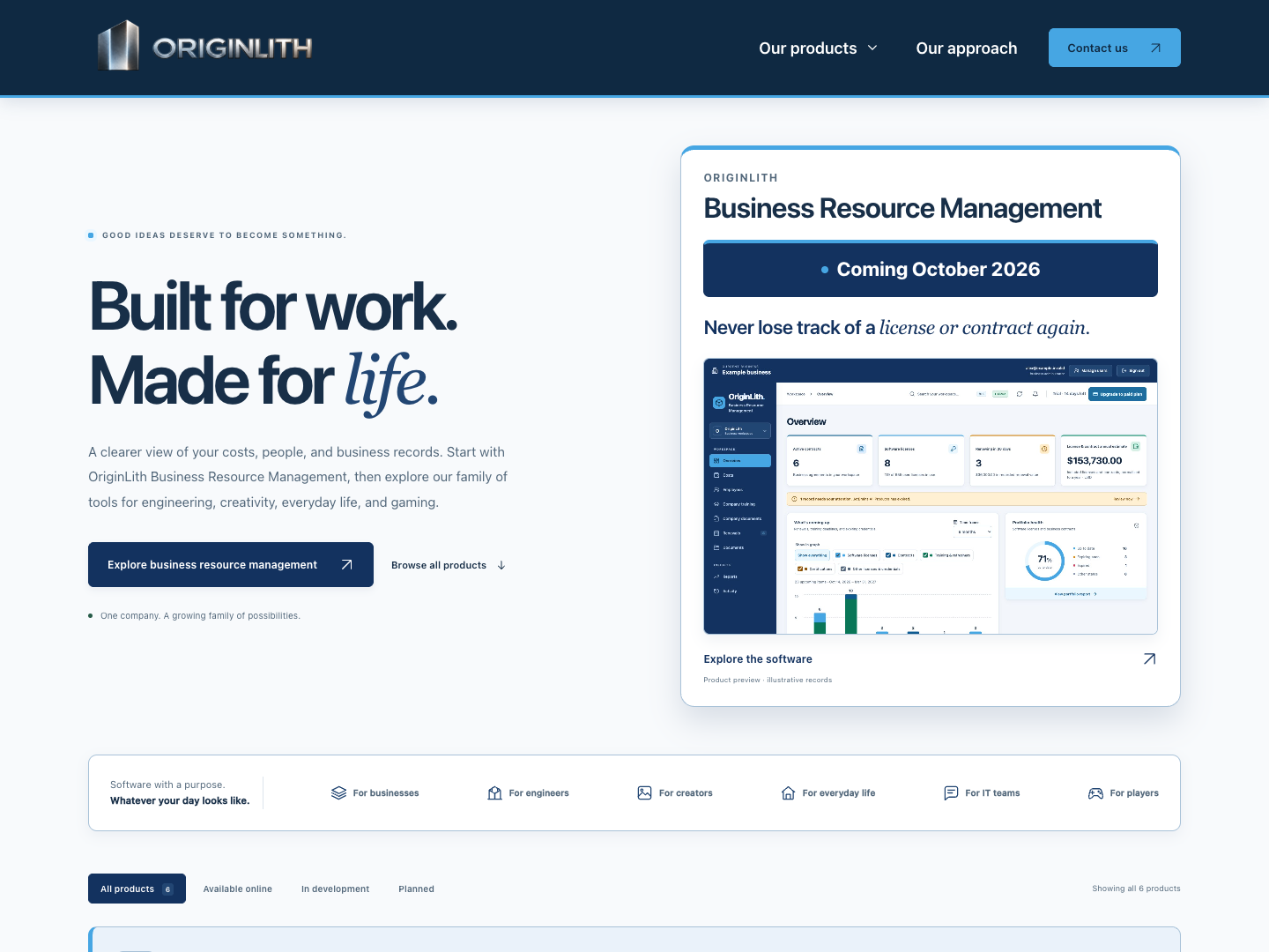 OriginLith company website with software products and contact options